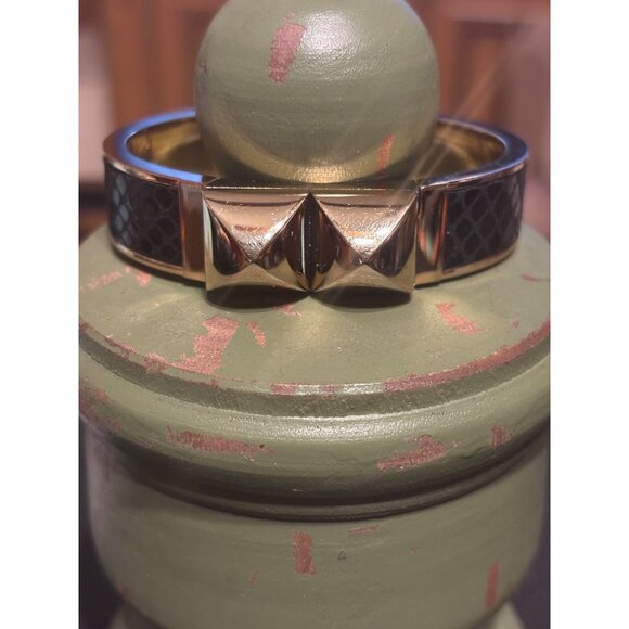 Michael Kors Python Embossed Leather Hinged Bangle Bracelet Golden Cuff - Picture 12 of 13